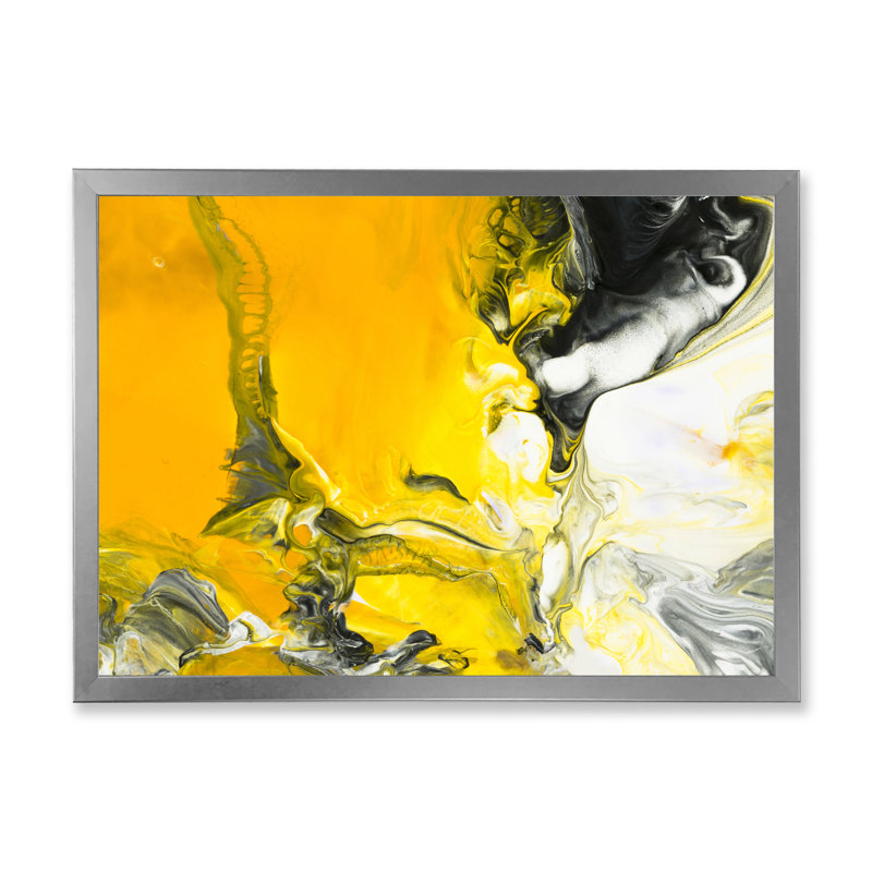 Jaune jaune, noir et blanc liquide, art - peinture sur toile, Cadre de coin argenté fermé, H 34 po x l 44 po x P 1,5 po