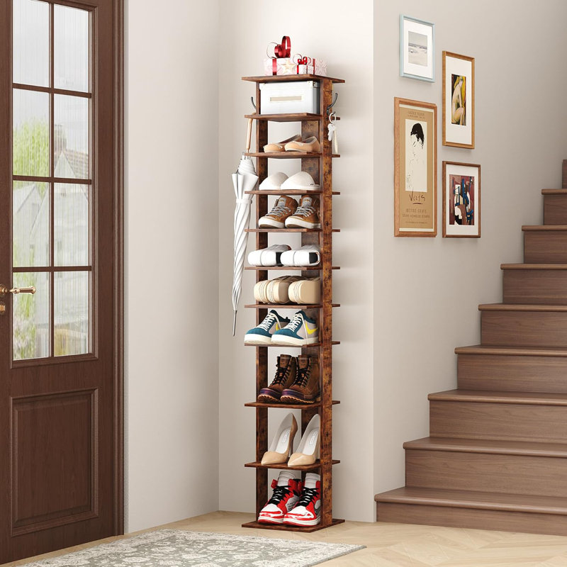 Bridgeview  62'' Freestanding Vertical 10-Tier Wooden Shoe Rack with Top Storage Shelf, Brown