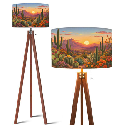 Lampadaire trépied à DEL, motif étoiles géométriques, lignes complexes, couleur crème terracotta, télécommande, intensité variable, pieds en hêtre, abat-jour tambour amovible en lin, style milieu du siècle, idéal pour le salon, la chambre ou le bureau.