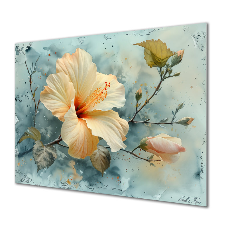 Hibiscus jaune et gris - Hibiscus, Métal métal, H 12 po x l 20 po x P 1 po