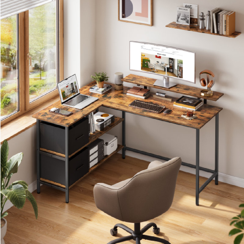 Aliyanah L-Shaped Metal Base Computer Desk, 89.5cm H x 135cm W x 105cm D, Rustic Brown