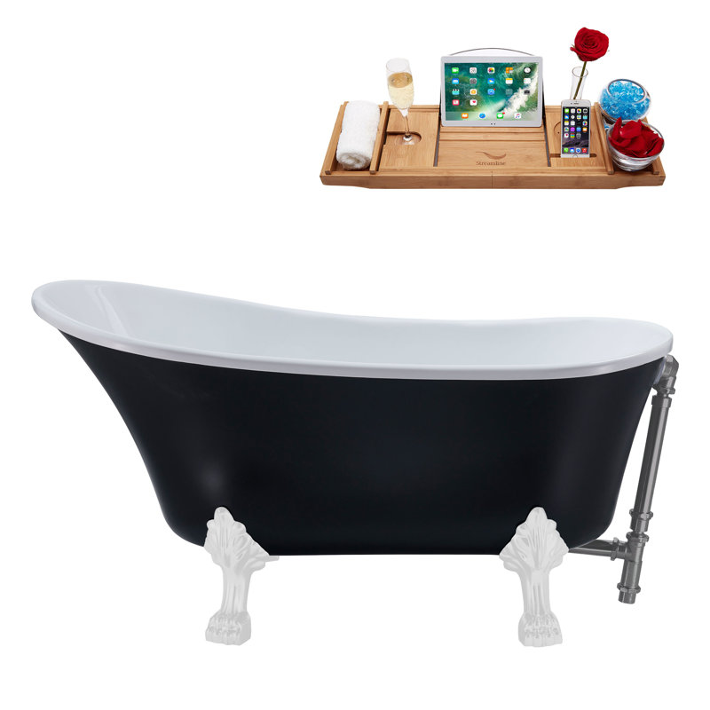55" Streamline Clawfoot Soaking Acrylic Bathtub With Drain, Clawfeet, and Bamboo Tray, Glossy White, Matte Pink
