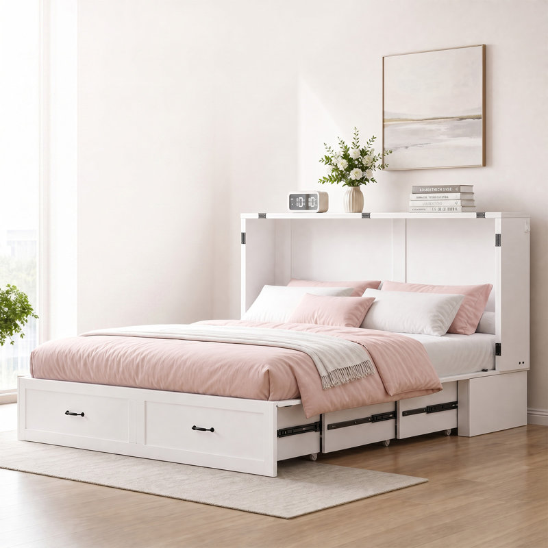 Grand lit escamotable avec station de charge et tiroirs de rangement, blanc