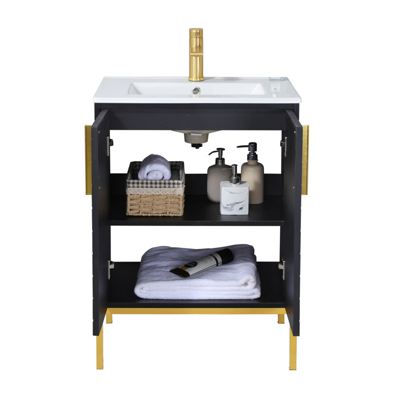 24" Black Modern Free-Standing Single Bathroom Vanity With Ceramic Top