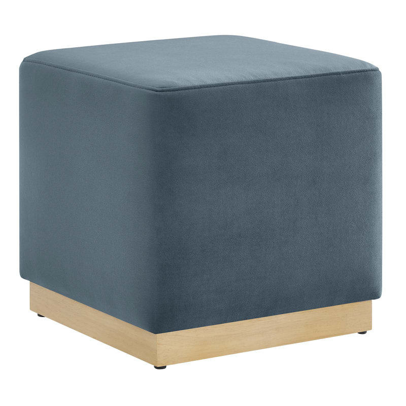 Cadet Blue Velvet Upholstered Ottoman with Rubberwood Base