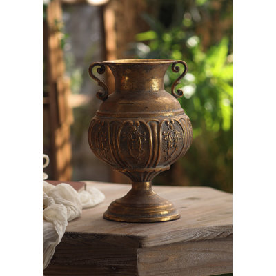 Distressed Metal Urn Vase With Scroll Handles