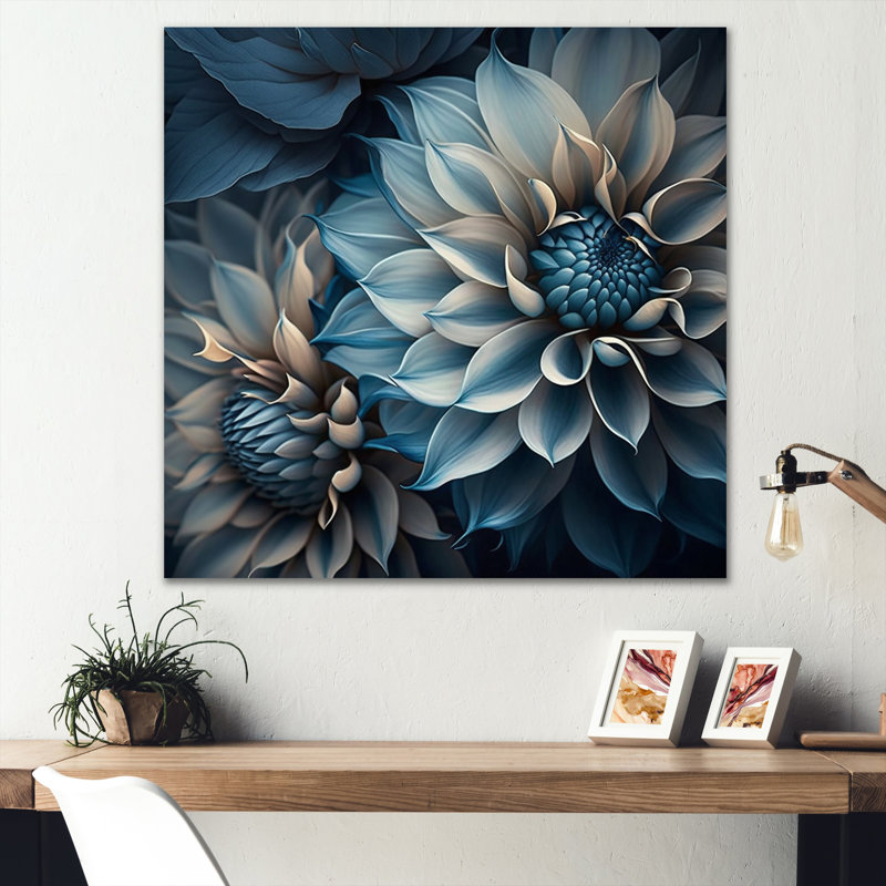 Dahlia fleurs bleu et blanc II - art mural Dahlia pour le salon, H 24 po x l 24 po, Toile tendue