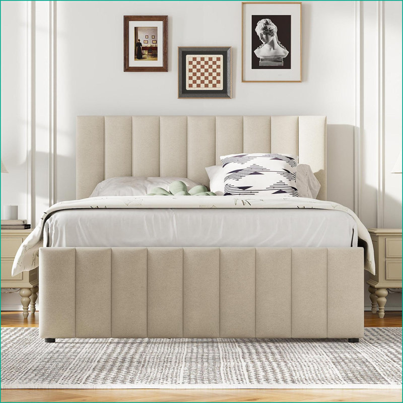 Lit plateforme tapissier pleine grandeur avec lit gigogne simple & amp; 3 tiroirs, beige - aucun sommier requis, Beige