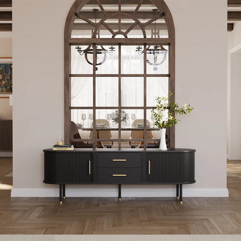 Meuble télé de style Mid-Century, console média en bois minimaliste avec volet roulant, H 23,62 po x L 70,87 po x l 15,75 po
