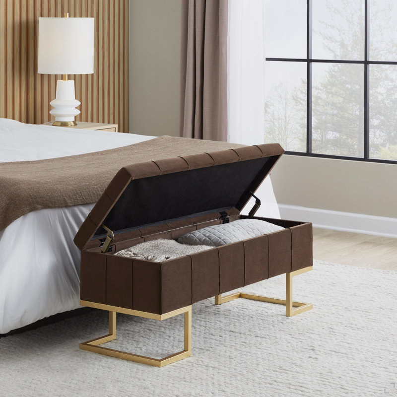 Banc de rangement en acier doré et velours brun