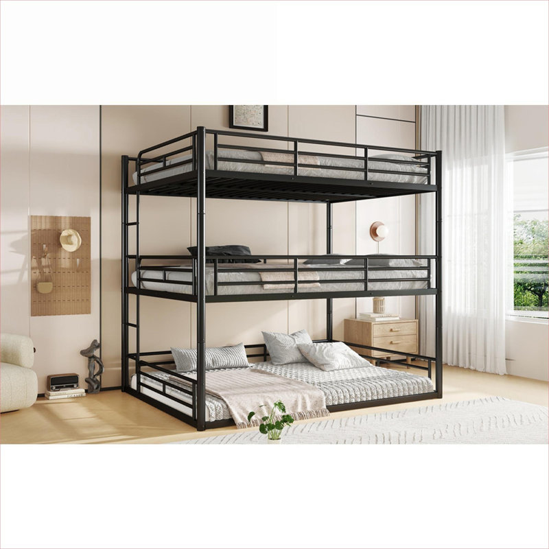 Matte Black Modern Triple Metal Bunk Bed, Space Saving Three Queen Sleeping Areas With Safety Guardrails And Noise-Reduced Design