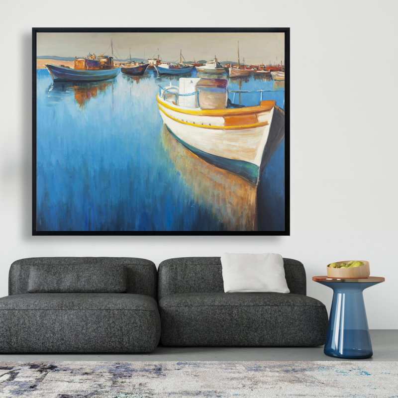 "Bateaux de pêche à la marina" sur, H 48 po x l 60 po