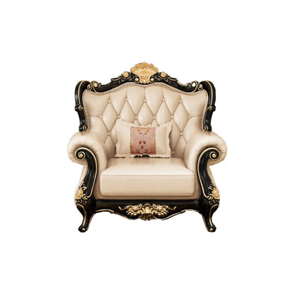 Oak Solid Wood Carved Sofa Leather Armchair