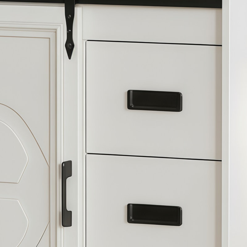 Farmhouse-Style Bathroom Vanity Set With Sliding Barn Door Cabinets, Storage Drawers, And A Small Single Basin Design.