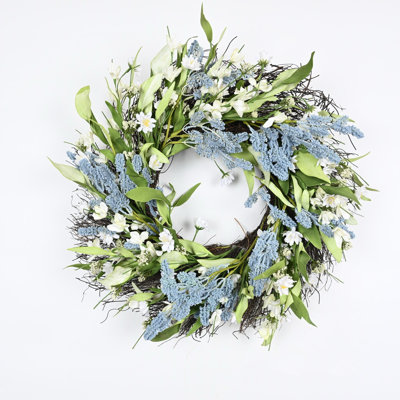 22" Artificial Farmhouse Twig Greenery Foliage Leaves Blossoms Cluster Berry Spring Summer Front Door Wreath