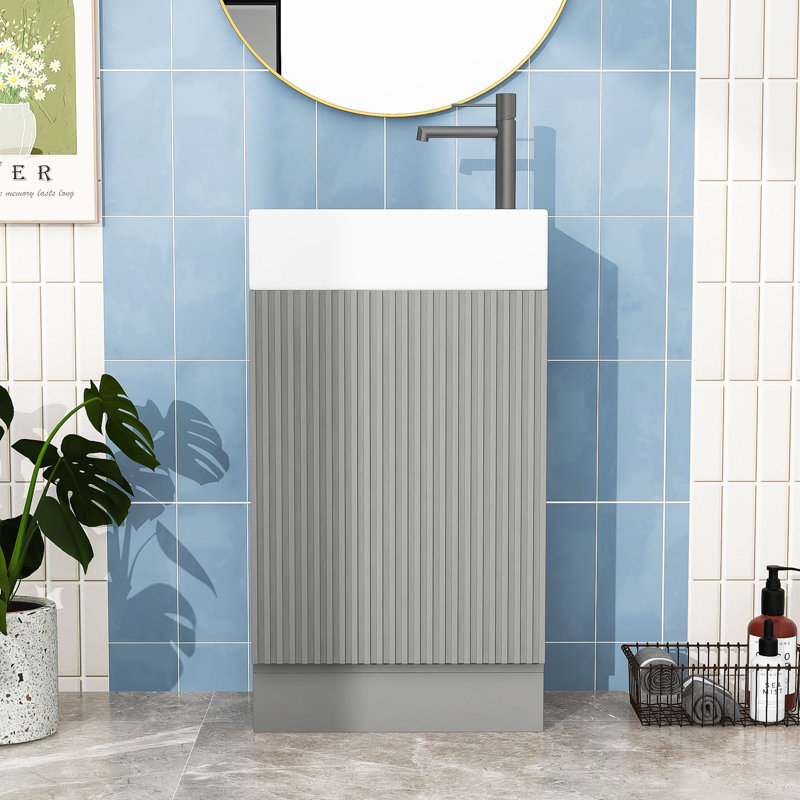 Meuble-lavabo en bois et tablette en céramique, Gris