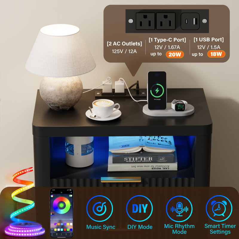 Nightstand with Charging Station & LED Lights, 23'' Wide Heavy-Duty Modern End Table with 2 Drawers & Thickened Top, Bedside Table for Bedroom, Living Room