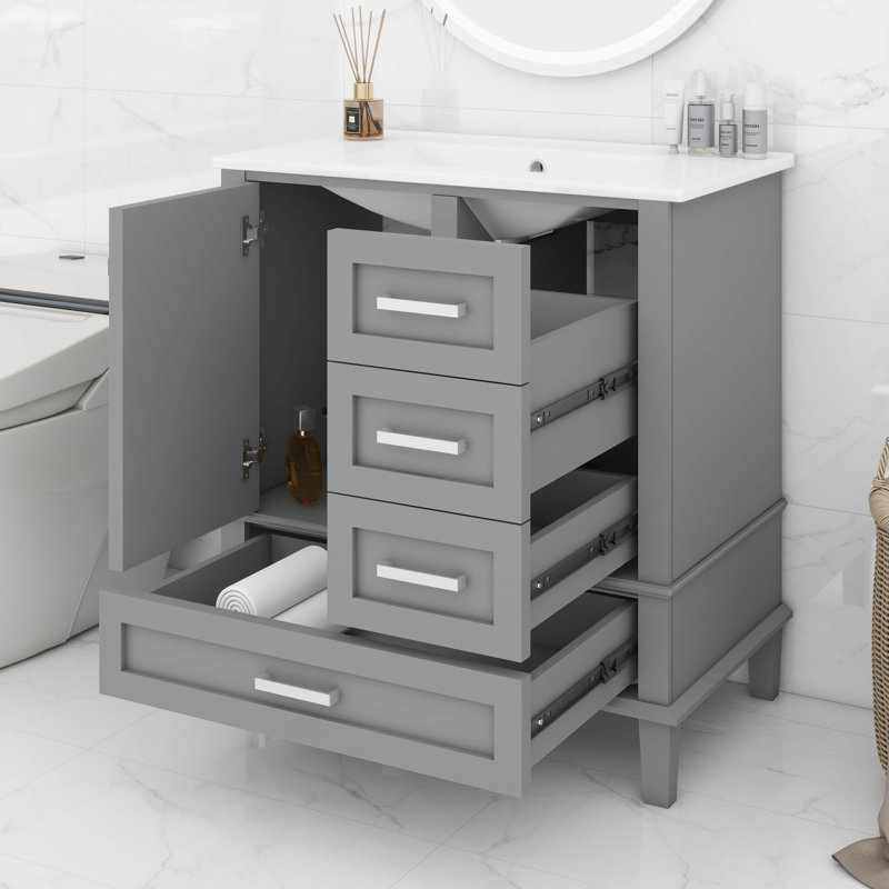 Ensemble de meuble-lavabo 30 po avec lavabo, armoire de rangement moderne avec porte à fermeture douce et 3 tiroirs, structure en bois massif