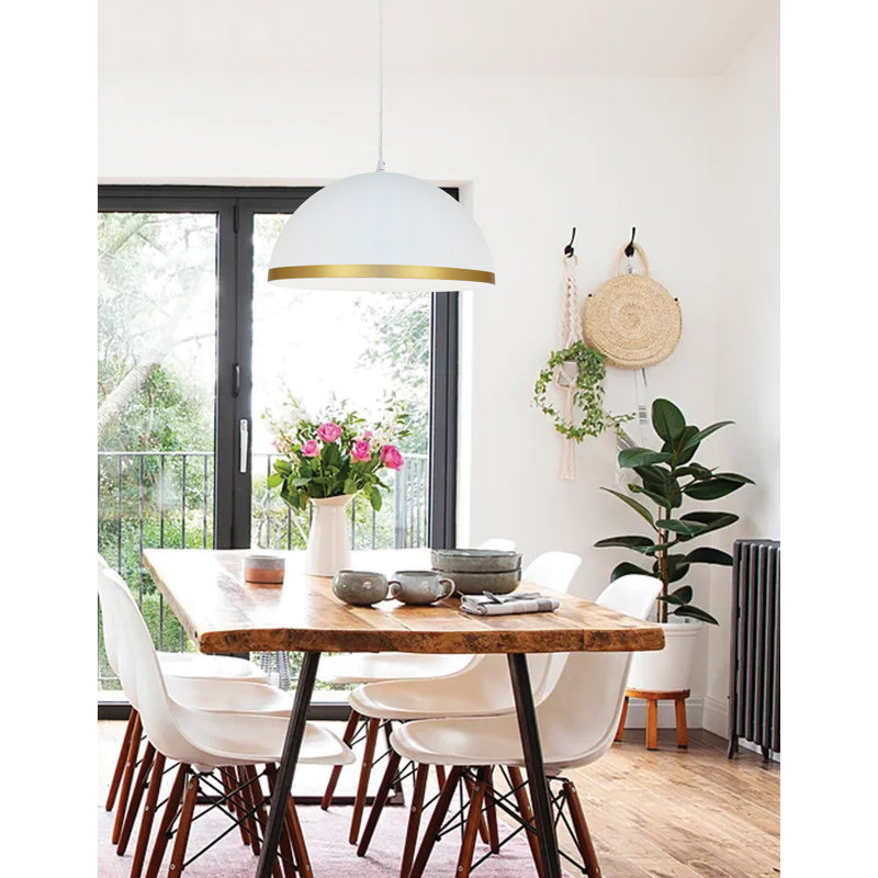 Rancourt 1 - Light Single Dome Pendant, 8" H x 16" W x 16" D, Matte White/Gold Trim