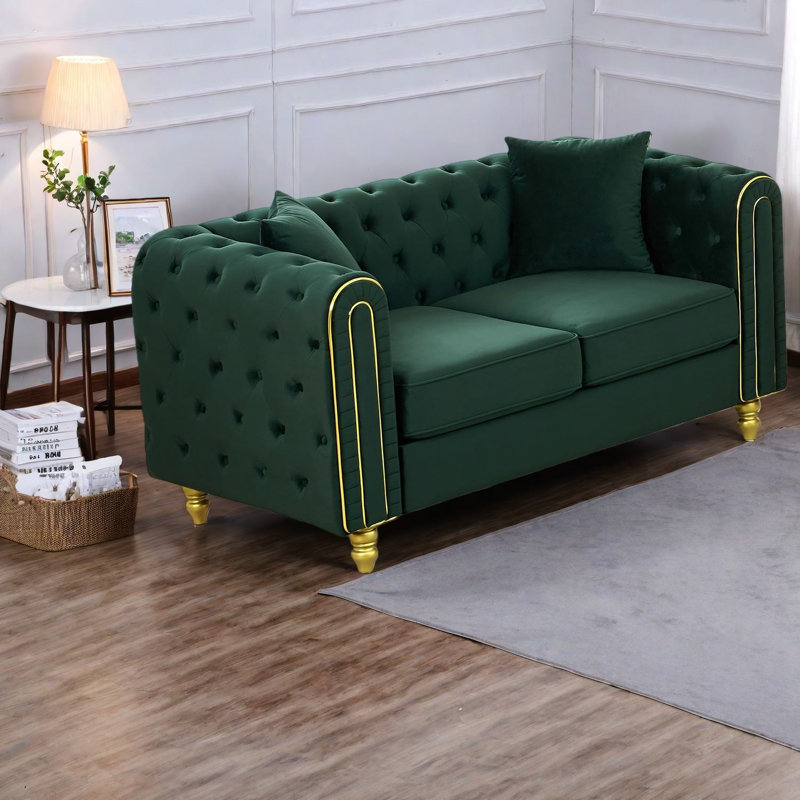 Causeuse en velours vert moderne de 63 pouces avec canapé Chesterfield Modern