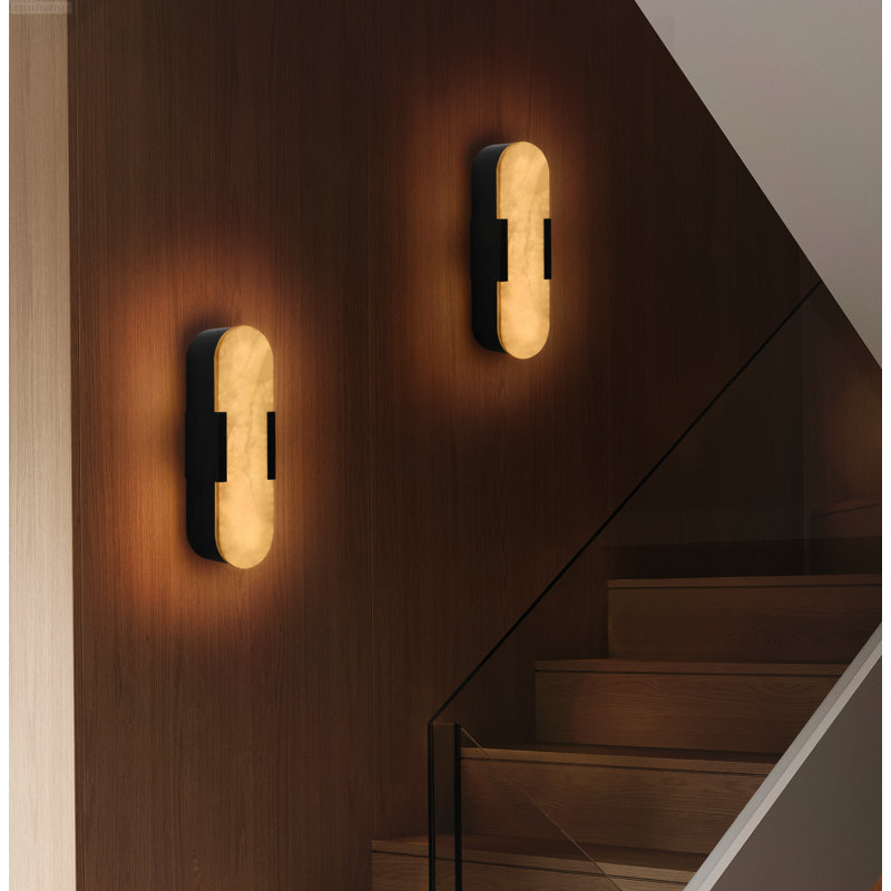 Ensemble de 2 appliques murales linéaires modernes à DEL intégrées en albâtre naturel, noir mat, S, Matte Black