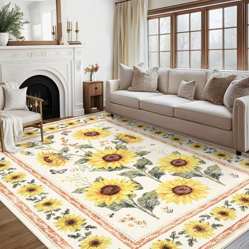 Tapis à motif floral lavable à la machine, envers à profil bas antidérapant, bordures durables, tapis rétro pour le salon, la chambre à coucher, la salle à manger beige 8 x 10