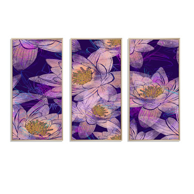Fleurs de lotus fuchsia sur mauve - ensemble d'art mural sur toile traditionnel encadré de 3
