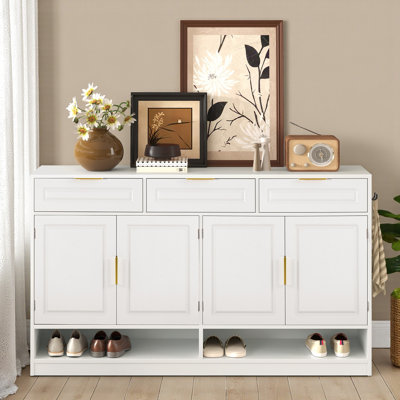 Modern Transitional 3-Drawer 2-Door Storage Cabinet With Open Shelf, White Finish & Gold Handles For Entryway, Living Room, Or Dining Room