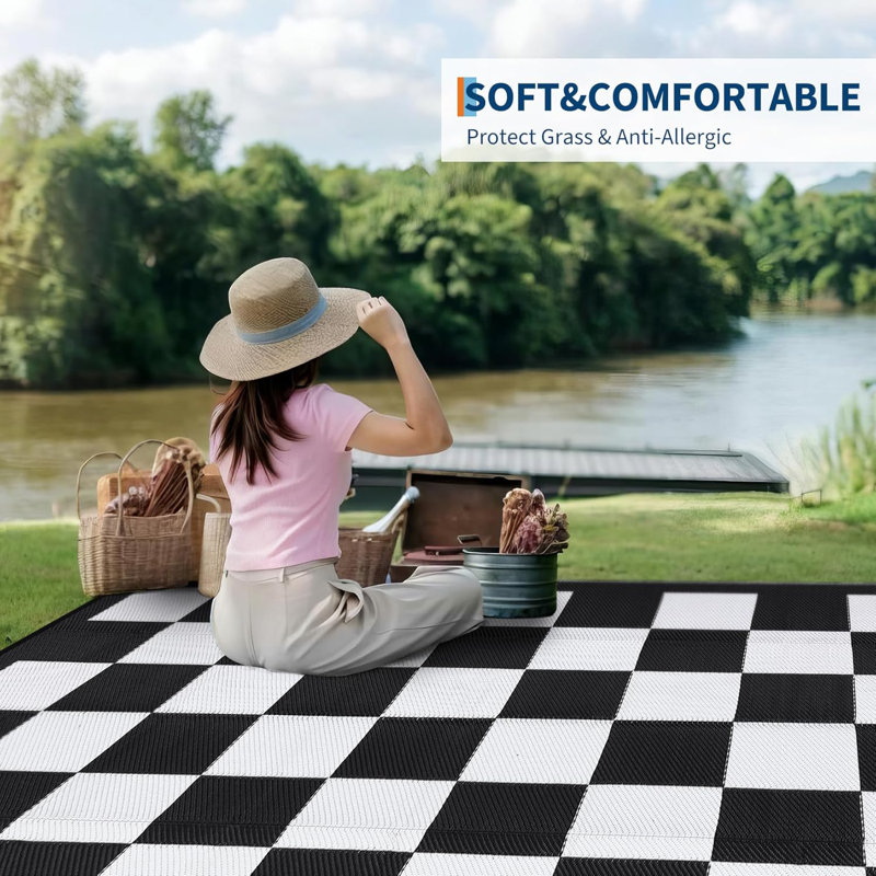 Outdoor Waterproof Plastic Straw Rug – Reversible Modern Checkered Patio, Deck, Porch, Balcony Floor Mat, Stain-Resistant Geometric Outdoor Carpet