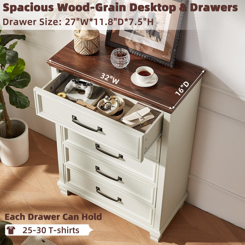 Farmhouse Chest of Drawers for Bedroom, 45” Tall Dresser for Closet, Rustic Wood Dressers for Bedroom, Hallway, Entryway (White)
