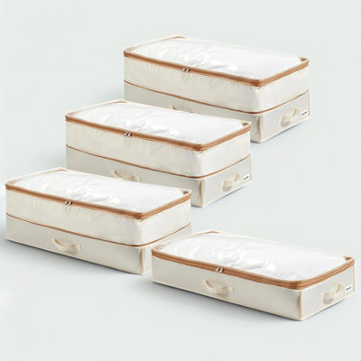 Under Bed Storage Container With Clear Top And Double Zippers, Foldable Hard-Sided Organizer, Compressible Clothes And Blanket Storage Bin, 4 Pack