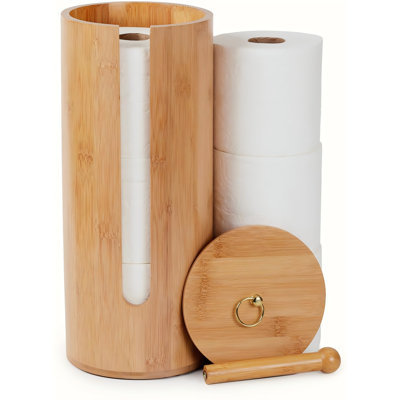 Bamboo Toilet Paper Storage With Dual-Use Lid, Freestanding Bathroom Tissue Organizer With Viewing Slot, Built-In Handle, Anti-Slip Base, Compact Toilet Paper Holder Stand For Up To 3 Mega Rolls