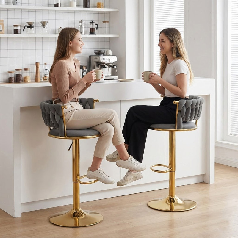 Ensemble de 4 tabourets de bar rotatifs en velours, hauteur réglable avec base en métal doré pour îlot de cuisine, gris, Gris