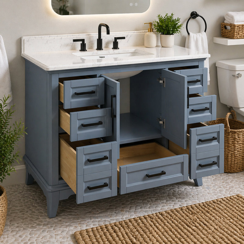 Free Standing Bathroom Vanity with Quartz Top, Steel Blue, 49"