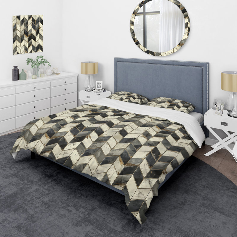 Ensemble de housse de couette transitionnelle à chevrons beige et gris I, Housse de couette très grand et 2 très grandes t
