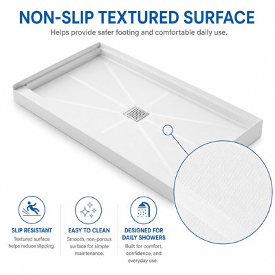 Luxury White Shower Base with Center Drain & Textured Non-Slip Floor
