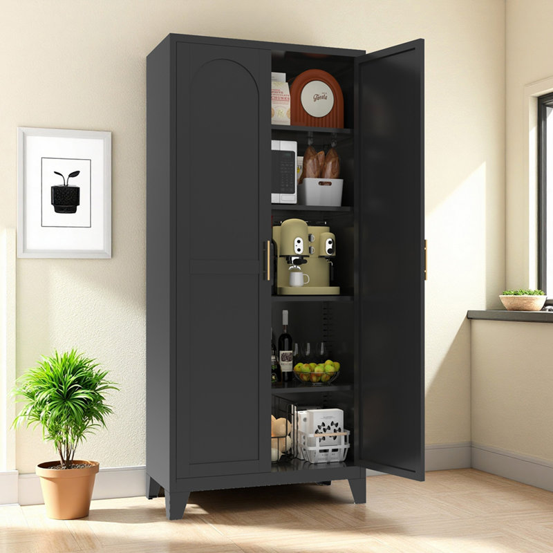 Armoire de rangement 71 po à 2 portes galbées, armoire de rangement en métal avec portes et tablettes réglables, pour chambre à coucher, salon, cuisine (noir)