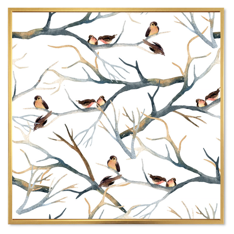 «Little Birds on the Tree Branches I», peinture sur toile, H 30 po x l 30 po x P 1 po, Cadre flottant doré
