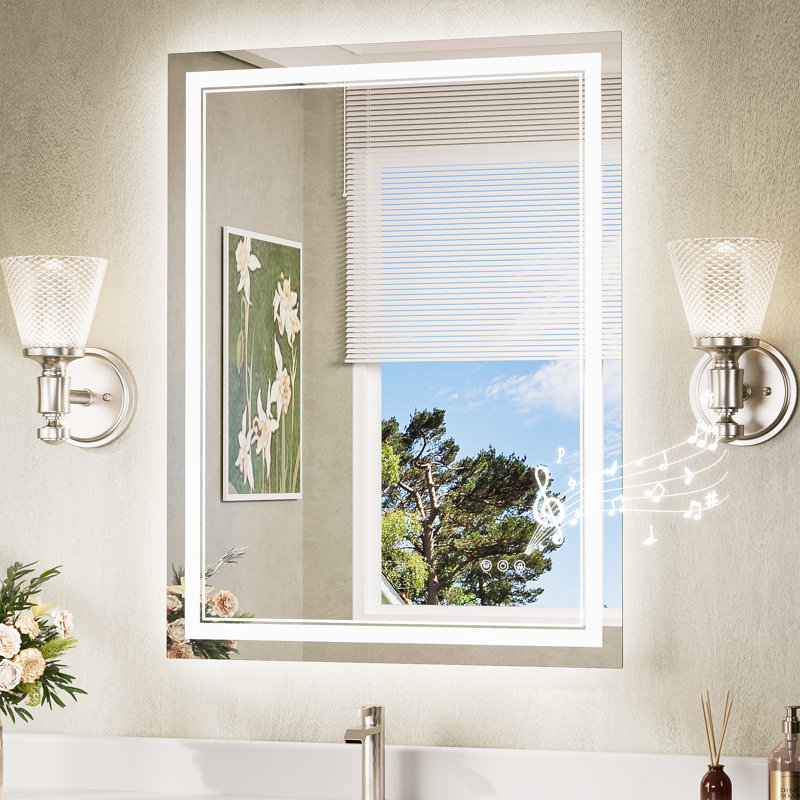 Bluetooth LED Bathroom Mirror Frontlit And Backlit, 3 Colors Temperature & Dimmable Light, Defog, Tempered Glass Vanity Mirror