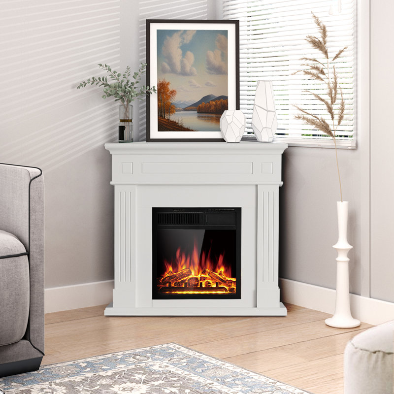 43" Freestanding Electric Fireplace with Wood Mantel, White
