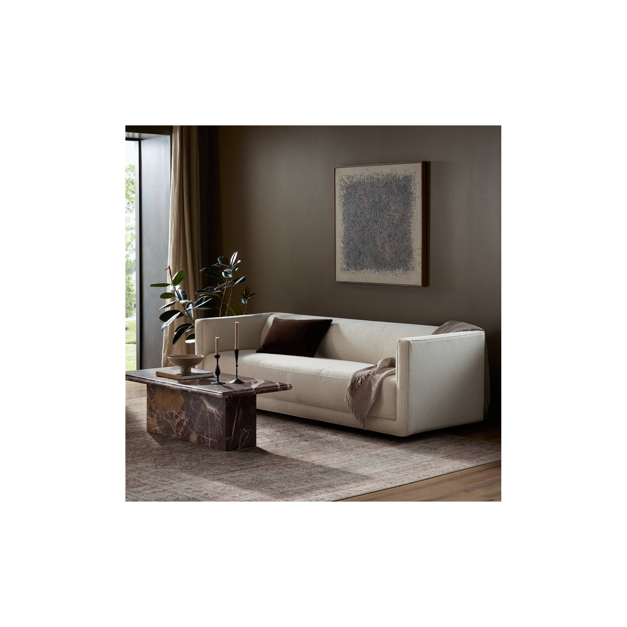 Gigi 95" Upholstered Sofa, Nomad Snow Crypton Top Grain Leather