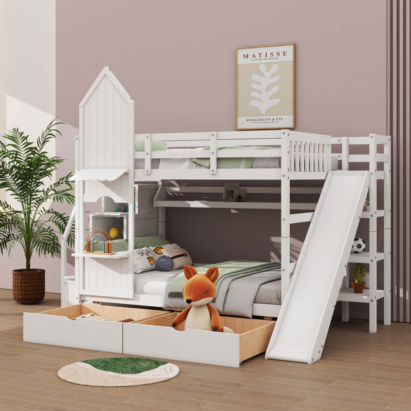 Castle-Style Bunk Bed Featuring Two Drawers, Three Shelves, And A Slide, Full, White