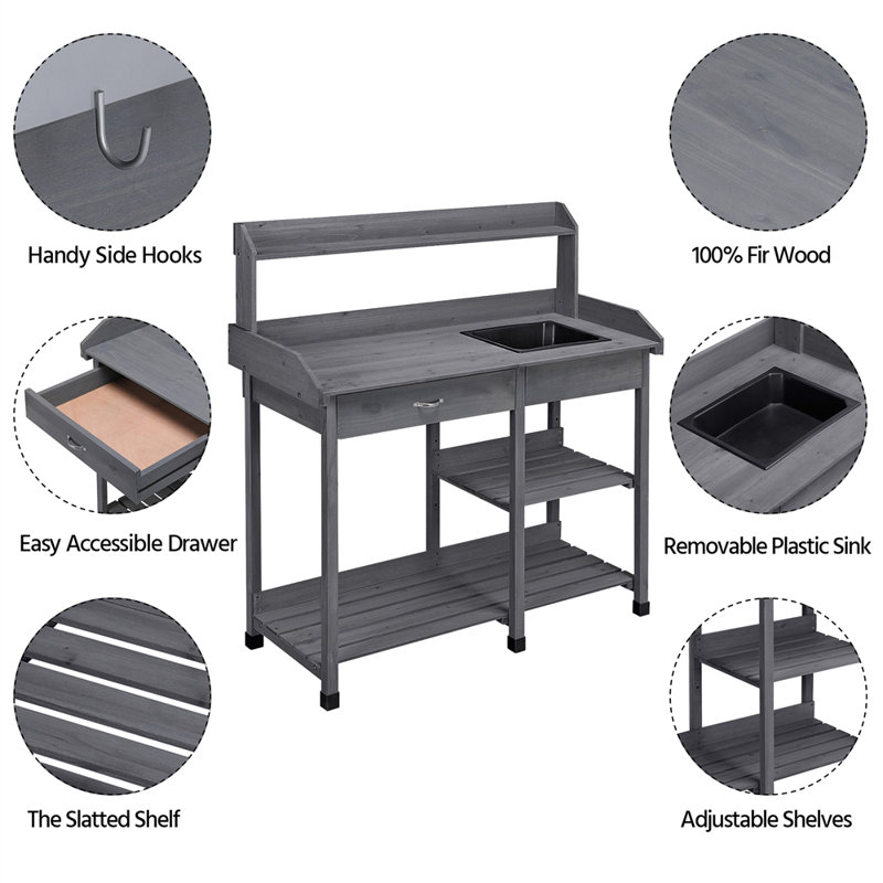 Potting Bench Table with Removable Sink, Grey
