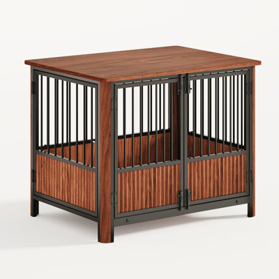 Walnut Fluted Wood Furniture Style Dog Crate For Small & Medium Dogs - Double Door Design, Decorative Pet House & Indoor Side End Table.