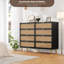 Commode à 8 tiroirs en rotin pour chambre à coucher, commode à tiroirs profonds, grande commode pour garde-robe à dessus large, commode longue en bois pour le salon, couloir, noir et chêne naturel (2 colis)