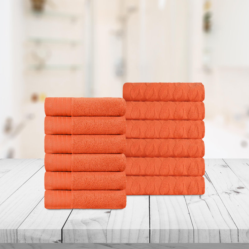 Dayeli Turkish Cotton  Jacquard and Solid Medium Weight Washcloth Towel Set (Set of 12), Orange