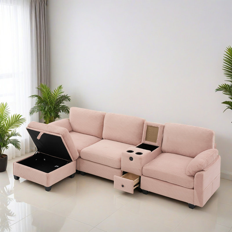 Canapé modulaire réversible en L avec repose-pieds de 104,74 po pour le salon, Velours côtelé rose