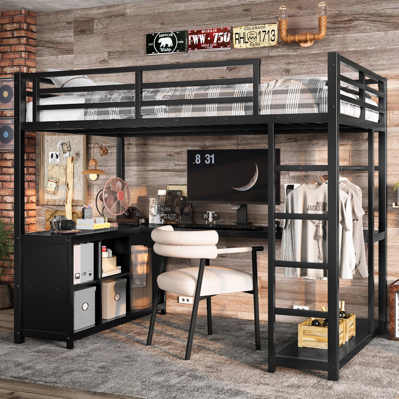 Metal Loft Bed With Wardrobe And L-Shaped Desk, Loft Bed With Storage Cubes And Shelves For Kids, Teens, And Adults, Twin