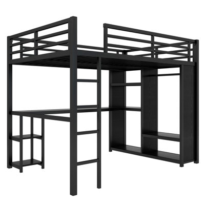 Queen Size Metal Loft Bed Frame with Built-in Wardrobe, Desk and Storage Shelves, Black Loft Bed for Kids Teens Adults by Ivy Bronx