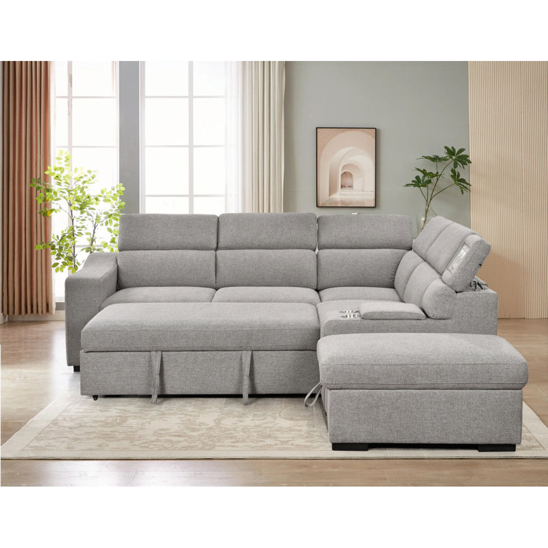 Canapé modulaire moderne en L de 105 po avec lit escamotable et espace de rangement pour repose-pieds, méridienne droite, canapé-lit convertible